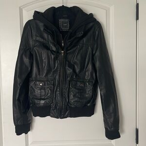 Obey Black Faux Leather Hooded Bomber Jacket